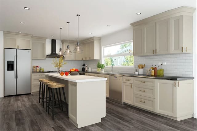 21st Century Greystone kitchen with a white island