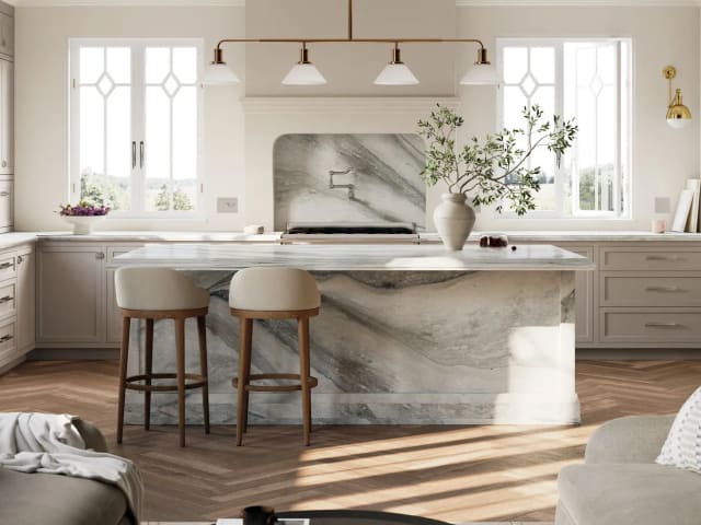 Cambria St. Isley quartz island in a cream kitchen