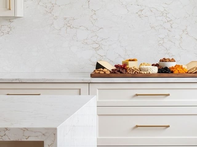 PentalQuartz Cielo Sky countertop in a white kitchen