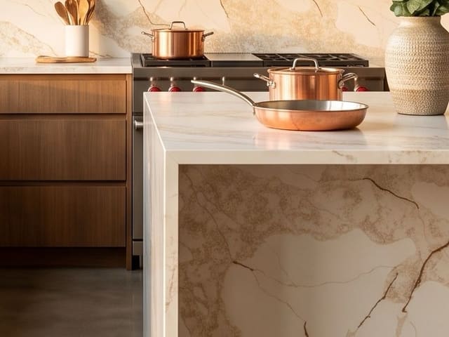 PentalQuartz Revelry Macchia island with copper cookware
