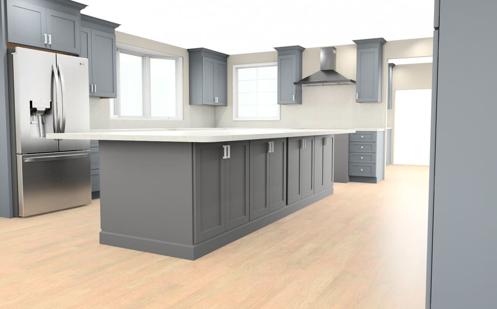 3D rendering at eye level of a gray shaker island with a built-in microwave drawer and white quartz top