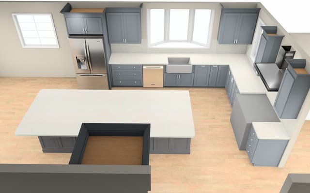 3D rendering from one of our designs: a gray shaker kitchen with a farmhouse sink and a large white island